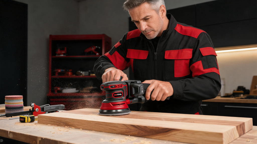 MXTOVEL brushless orbital sander with dust bag and sanding discs