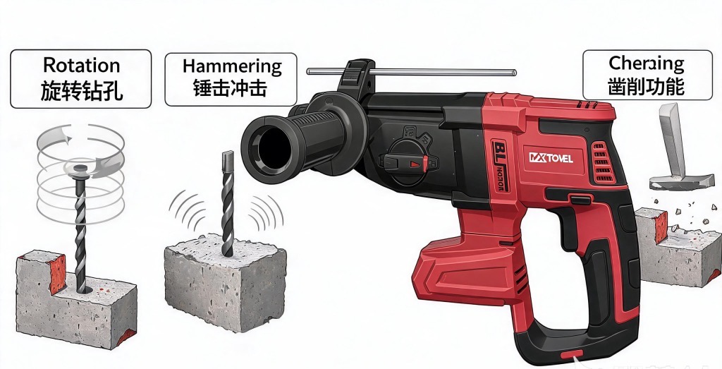 Brushless Rotary Hammer with drilling hammer and chiseling functions