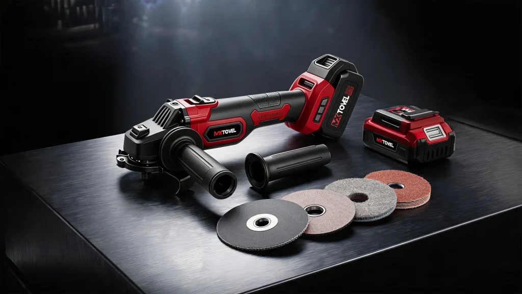 MXTOVEL Brushless Angle Grinder with battery and accessories