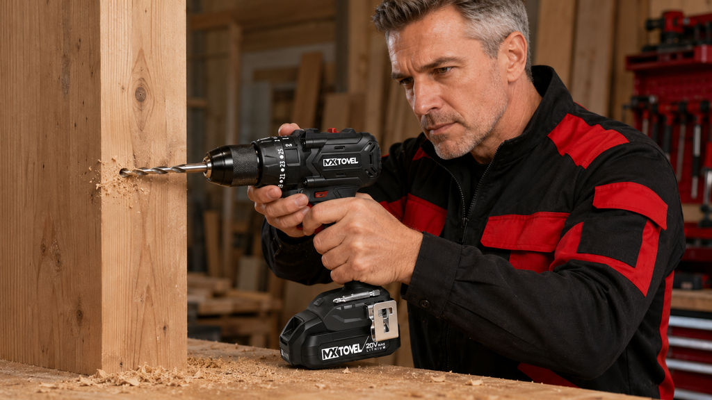 MXTOVEL Brushless Hammer Drill drilling into wood