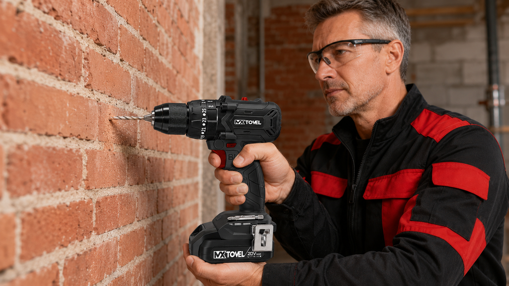 Brushless Hammer Drill drilling into brick wall