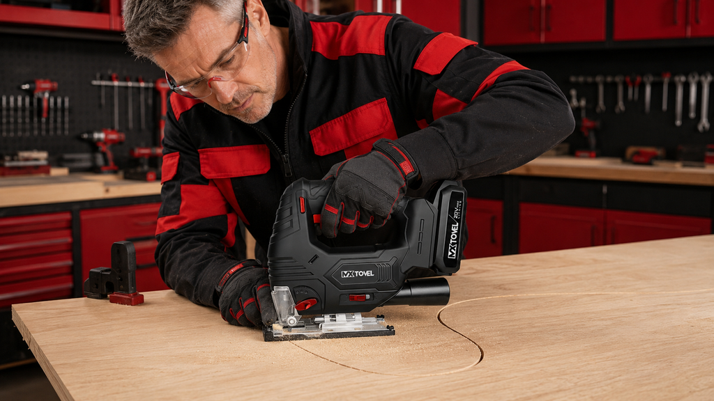 Cordless Jig Saw Making a Curved Cut in Wood