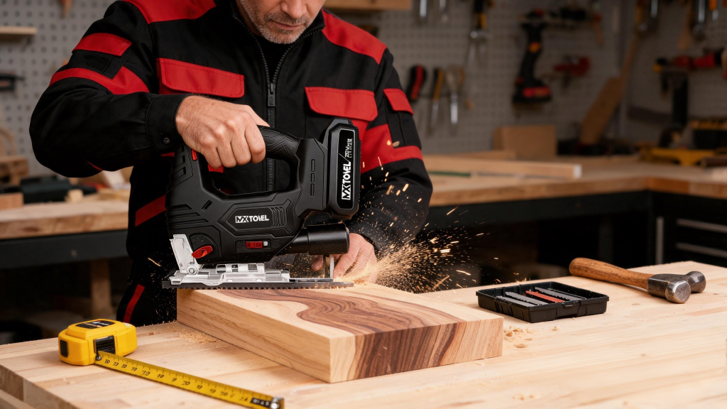 Cordless Brushless Jig Saw cutting wooden boards with precision